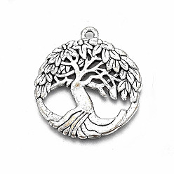 Antique Silver Tibetan Style Alloy Pendants, Lead Free & Cadmium Free, Flat Round with Tree of Life, Antique Silver, 34x30x1.5mm, Hole: 2mm, about 120pcs/500g