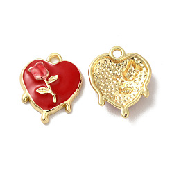 Red Rack Plating Alloy Enamel Pendants, Golden, Melting Heart with Rose Charm, Red, 19x15x4mm, Hole: 1.8mm