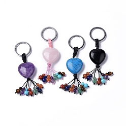Mixed Stone Natural & Synthetic Mixed Gemstone Heart with Mixed Gemstone Tassel Keychains, with 304 Stainless Steel Ring Clasps, 8.5~9cm