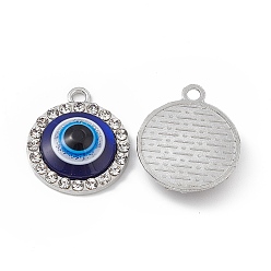Platinum Alloy Crystal Rhinestone Pendants, with Resin Evil Eye, Flat Round Charms, Platinum, 20x16.5x4.5mm, Hole: 1.8mm
