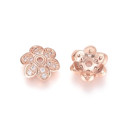 Or Rose Laiton micro pavé capuchon de perles de zircon cubique, 6 pétales, fleur, clair, or rose, 11.5x3.5mm, Trou: 1.6mm