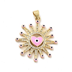Pearl Pink Rack Plating Brass Micro Pave Clear Cubic Zirconia Pendants, with Enamel, Cadmium Free & Lead Free, Sun with Evil Eye & Heart, Real 18K Gold Plated, Pearl Pink, 29.5x26.5x3.7mm, Hole: 3.2x3.5mm