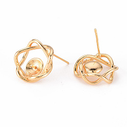 Real 18K Gold Plated Brass Stud Earrings Findings, for Half Drilled Bead, Nickel Free, Flower, Real 18K Gold Plated, 16x15.5mm, Pin: 0.8mm, Pin: 1mm(for Half Drilled Bead)