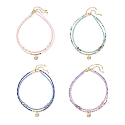 Mixed Stone 2Pcs 2 Style Alloy Sun with Evil Eye Pendant Necklaces Set, Glass Seed & Natural Gemstone Beaded Stackable Necklaces for Women, 14.96~16.14 inch(38~41cm), 1Pc/style