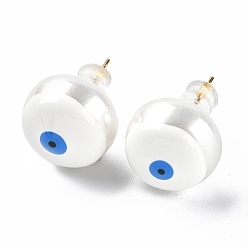 White Natural Shell Evil Eye Stud Earrings with Enamel, Real 18K Gold Plated Brass Jewelry for Women, White, 14mm, Pin: 0.8mm
