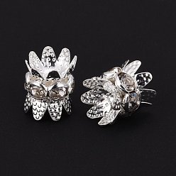 Clear Brass Rhinestone Bead Caps, Cap Spacer, Flower, Silver Color Plated, Clear, Size: about 8mm in diameter, 9mm thick, hole: 0.8mm
