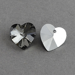 Gris Colgantes de cristal de corazón galvanizado, chapado en plata de fondo, facetados, gris, 14x14x8 mm, agujero: 1.5 mm