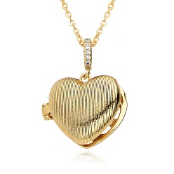 Heart Brass Micro Pave Cubic Zirconia Locket Necklace, Picture Photo Necklace for Mother's Day, Heart, 16.14~19.69 inch(41~50cm), Pendant: 20x23mm