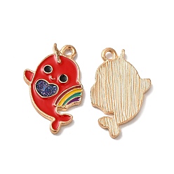 Red Alloy Enamel Pendants, Light Gold, Ghost Dolphin Charm, Red, 25x16x2mm, Hole: 1.6mm