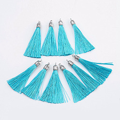 Sky Blue Nylon Tassels Big Pendant Decorations, with Antique Silver Alloy Findings, Sky Blue, 55~67x7mm, Hole: 2mm