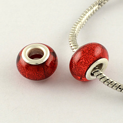 Red Large Hole Resin European Beads, with Silver Color Plated Brass Double Cores, Rondelle, Red, 14x9mm, Hole: 5mm