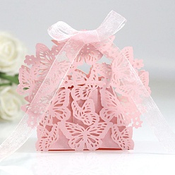 Pink Cajas de cartón de dulces de boda plegables creativas, pequeñas cajas de regalo de papel, mariposa hueca con cinta, rosa, pliegue: 6.3x4x4 cm