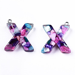 Letter X Transparent Epoxy Resin Pendants, with Shell Slices and Loops, Alphabet, Letter.X, 30x26x7mm, Hole: 1.6mm