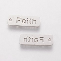 Stainless Steel Color 304 Stainless Steel Pendants, Inspirational Message Pendants, Rectangle with Word Faith, Stainless Steel Color, 17x6x1mm, Hole: 1.5mm