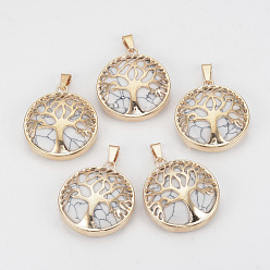 Howlite Natural Howlite Pendants, with Brass Findings, Flat Round with Tree of Life, Golden, 30.5x27x8mm, Hole: 7x3mm