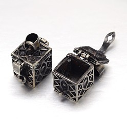 Gunmetal Carved Cuboid Rack Plating Brass Prayer Box Pendants, Wish Box, Gunmetal, 17x11x17mm, Hole: 5x3mm