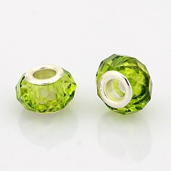 Желто-Зеленый Граненый стеклянные европейские шарики, бусины с большими отверстиями в форме шайбы, с латунными сердечниками с серебряным покрытием, желто-зеленый, 14x9 мм, отверстие : 5 мм