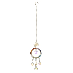 Ring Chakra Gemstone Beads Pendant Decorations, Hanging Suncatchers, with Glass Teardrop Charm, for Home Decorations, Sun & Star, Ring, 265mm, Hole: 10mm