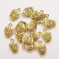 Antique Golden Mexico Holiday Day of the Dead Sugar Skull Tibetan Style Alloy Metal Pendants, For Mexico Holiday Day of the Dead, Lead Free & Cadmium Free & Nickel Free, Antique Golden, 18x12x3mm, Hole: 2mm