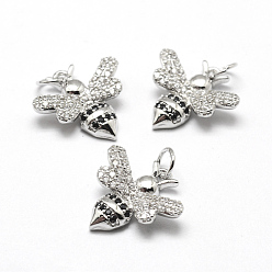 Real Platinum Plated Brass Micro Pave Grade AAA Cubic Zirconia Charms, Bees, Lead Free & Nickel Free & Cadmium Free, Real Platinum Plated, 15.5x16x3mm, Hole: 3.5mm