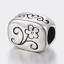 Antique Silver 304 Stainless Steel European Beads, Large Hole Beads,  Rectangle with Flower and Word Daughter, Antique Silver, 12x9x7mm, Hole: 5mm