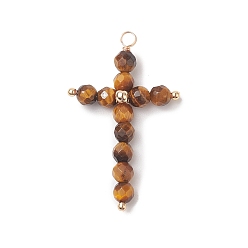 Tiger Eye Natural Tiger Eye Faceted Round Copper Wire Wrapped Pendants, Cross Charms, Light Gold, 38x23x5mm, Hole: 2.5mm
