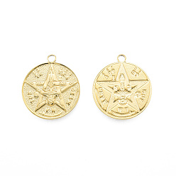 Real 18K Gold Plated Ion Plating(IP) 201 Stainless Steel Pendants, Flat Round with Star, Real 18K Gold Plated, 28.5x25x2mm, Hole: 2.5mm
