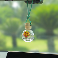 Flower Empty Glass Perfume Bottle Pendants with Wood Cap, Aromatherapy Fragrance Essential Oil Diffuser Bottle, Car Hanging Decor, Sunflower Pattern, 3.5x5.2cm