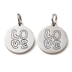 Word 304 Stainless Steel Charms, Laser Cut, with Jump Ring, Stainless Steel Color, Flat Round with Word Love Charm, 13.5x12x1mm, Hole: 3.6mm