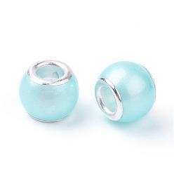Bleu Ciel Clair Verre abs en plastique imitation perle perles européennes, Perles avec un grand trou   , rondelle, avec noyaux en laiton plaqué couleur argent, lumière bleu ciel, 11.5~12x9~10mm, Trou: 5mm