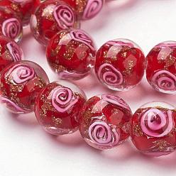 Red Handmade Gold Sand Lampwork Beads Strands, Round, Vortex Pattern, Red, 12mm, Hole: 2mm, 30pcs/strand, 13.18 inch