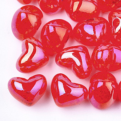 Carmesí Granos de acrílico transparentes crepitar, perlas de media perforados, corazón, carmesí, 14.5x18x13 mm, medio agujero: 3.5 mm