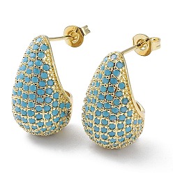 Cyan Cubic Zirconia Teardrop Stud Earrings, Real 16K Gold Plated Brass Earrings for Woman, Cyan, 20x12mm