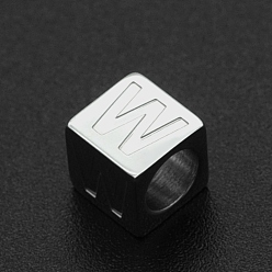 Letter W 201 Stainless Steel European Beads, Large Hole Beads, Horizontal Hole, Cube, Stainless Steel Color, Letter.W, 7x7x7mm, Hole: 5mm