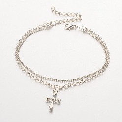 Platinum Cross CCB Plastic Charm Multi-strand Anklets, with Iron Chains and Zinc Alloy Lobster Claw Clasps, Platinum, 230mm