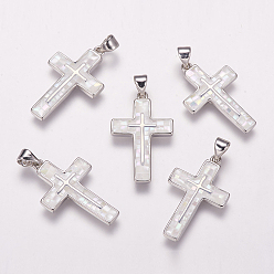 Platinum Freshwater Shell Pendants, with Brass Findings, Cross, Platinum, 26x16x2.5mm, Hole: 3.5x5mm