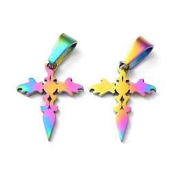Rainbow Color Placage ionique (ip) 304 pendentifs en acier inoxydable, croix, couleur arc en ciel, 19.5x15.5x1.2mm, Trou: 3.5x7mm