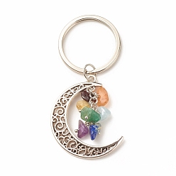 Mixed Stone Mixed Mixed Stone and Tibetan Style Alloy Keychain, with Iron Split Key Rings, Moon, 7.1cm
