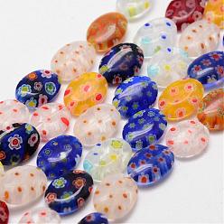 Colorful Handmade Millefiori Glass Bead Strands, Flat Oval, Colorful, 12~14x10x3~4mm, Hole: 1mm, about 29~35pcs/strand, 15.3 inch