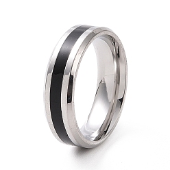 Stainless Steel Color Black Enamel Grooved Line Finger Ring, 201 Stainless Steel Jewelry for Women, Stainless Steel Color, 6mm, Inner Diameter: 17mm