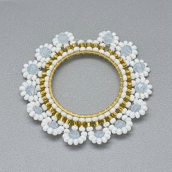 White Handmade Woven Pendants, with Glass Beads and Golden Tone 304 Stainless Steel Findings, Flower, White, 44~46x4mm, Inner Diameter: 23mm