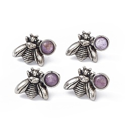 Amethyst Natural Amethyst Bee Stud Earrings, Antique Silver Alloy Earrings with Brass Pins for Women, 15.5x20.5mm, Pin: 0.8mm