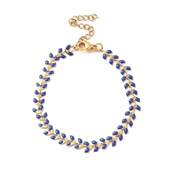 Medium Blue Enamel Ear of Wheat Link Chains Bracelet, Vacuum Plating 304 Stainless Steel Jewelry for Women, Medium Blue, 6-7/8 inch(17.6cm)