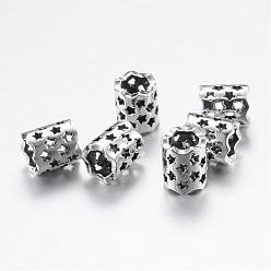 Antique Silver Alloy Beads, Large Hole Beads, Column with Star, Antique Silver, 11x9~9.5mm, Hole: 6mm