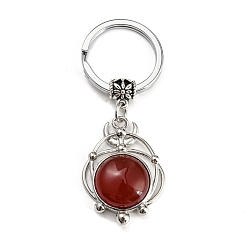 Cornaline Porte-clés pendentif cornaline naturelle teint et chauffé, plat rond, avec les accessoires en laiton, argent antique et platine, 65~66mm