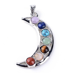Colorful Natural & Synthetic Gemstone Big Pendants, with Alloy Findings, Platinum, Chakra Pendants, Moon, Colorful, 59x33x6mm, Hole: 5x6mm