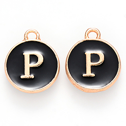 Letter P Golden Plated Alloy Charms, with Enamel, Enamelled Sequins, Flat Round, Black, Letter.P, 14x12x2mm, Hole: 1.5mm, 50pcs/Box