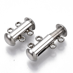 Stainless Steel Color 201 Stainless Steel Slide Lock Clasps, Peyote Clasps, 2 Strands, 4 Holes, Tube, Stainless Steel Color, 15x10x6.5mm, Hole: 1.6mm