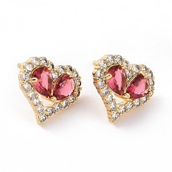 Real 18K Gold Plated Cerise Cubic Zirconia Heart Stud Earrings, Brass Jewelry for Valentine's Day, Real 18K Gold Plated, 14.5x16.5mm, Pin: 0.7mm