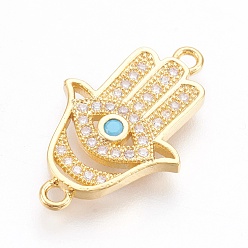 Real 18K Gold Plated Brass Micro Pave Cubic Zirconia Links, Long-Lasting Plated, Hamsa Hand/Hand of Fatima/Hand of Miriam, Lead Free & Nickel Free & Cadmium Free, Clear, Real 18K Gold Plated, 22x14x2mm, Hole: 1mm